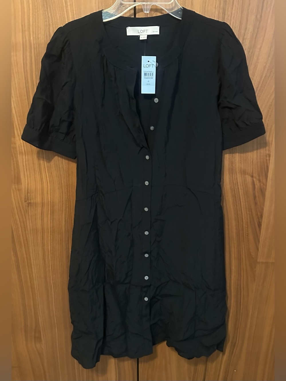 LOFT Black Button-Front Short Sleeve Dress